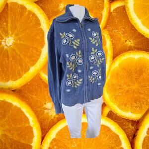 Tiara International‎ Blue with Embroidered Flowers Full Zip Sweater Size M